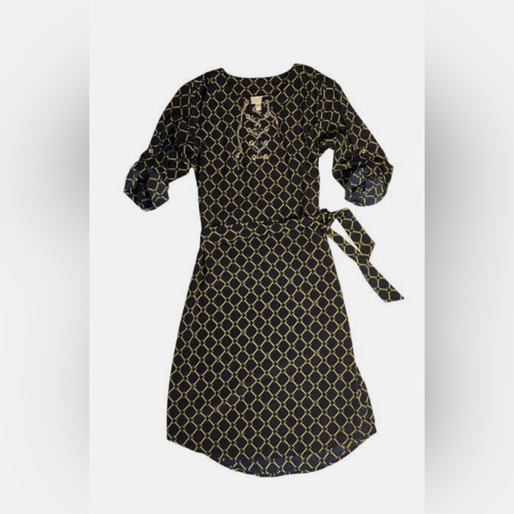 Michael Kors Black Midi Dress with Gold Chainprint